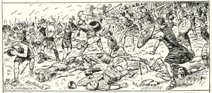 Porážka Západních Sasů u Mount Budon, Somerset, AD 500 (litografie) od English School