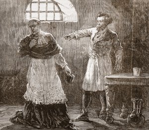 Denis kárající biskupa z Meaux, ilustrace z Historie protestantismu od Jamese Aitkena Wylie (1808-1890), pub. 1878 od English School