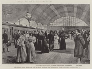 Odjezd královny Wilhelminy a nizozemské královny regentky, scéna na nádraží Victoria 9. května (litho) od English School