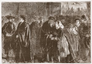 Odjezd vyhnaných ministrů z Kuttenbergu, ilustrace z Dějin protestantismu od Jamese Aitkena Wylie (1808-1890), hospoda. 1878 od English School