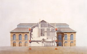 Design for the Stag Brewhouse, originální rukopisná kresba z kanceláře George Saunderse, kolem roku 1807 (tužka, wc a pero a inkoust na papíře) od English School
