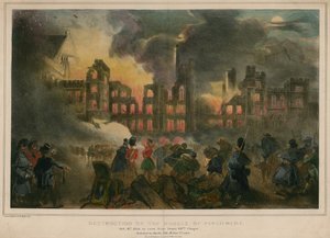 Zničení budovy parlamentu požárem dne 16. října 1834, jak je vidět z kaple Jindřicha VIII. od English School