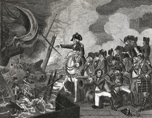 Zničení dělových člunů před Gibraltarem, vyryto H. Cookem, 1816 od English School