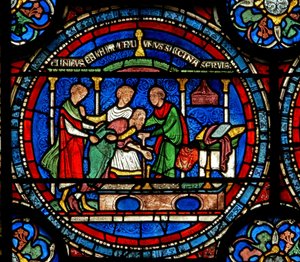 Detail z Miracle Window zobrazující Roberta z Cricklade u hrobky od English School