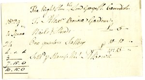 Devonshire MSS AS 3101, folio ze svazku směnek vypořádaných Pinderem Simpsonem pro lorda George Cavendishe, včetně směnky Alexandra Bowieho od English School