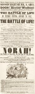 Dickens playbill: The Battle of Life, v Theatre Royal, Norwich, 26. ledna 1847