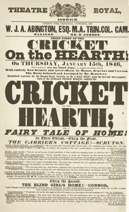 Dickens playbill: The Cricket on the Hearth v Theatre Royal, Derby, 15. ledna 1846