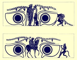 Dionysos, Héfaistos a satyrové, ilustrace z řeckých vázových maleb od J. E. Harrisona a D. S. MacColl, publikovaná v roce 1894 (digitálně vylepšený obrázek) od English School