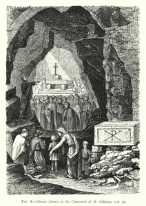Bohoslužba v katakombách svatého Kalixta, AD 50 (rytina) od English School
