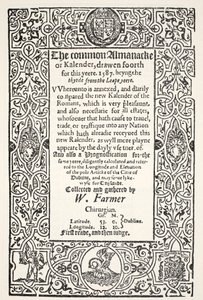 Dvojitý almanack (běžný a nový) a Prognóza pro Dublin na rok 1587, W. Farmer, tisk Watkins a Roberts, 1587 od English School