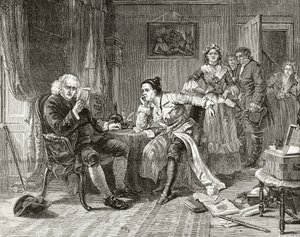 Dr. Samuel Johnson čte rukopis 
