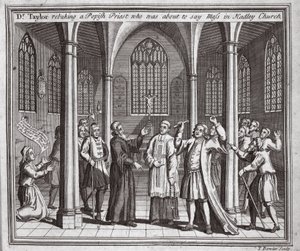 Dr Taylor kárá papežského kněze, který se chystal sloužit mši v Hadley Church, ilustrace z Foxes Martyrs kolem roku 1703 od English School