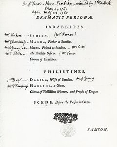 Dramatis Personae pro Samsona, Händelovo oratorium, vydané v roce 1759 od English School