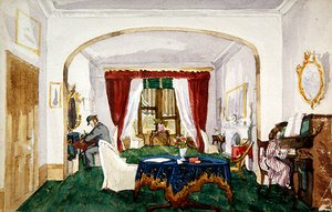 Interiér salonu, žena u klavíru, muž v buřince, psaní, cca 1850 (akvarel na papíře) od English School