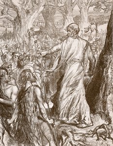 Druidové podněcující Brity k odporu proti vylodění Římanů, ilustrace z Cassells Illustrated History of England (sépiová fotografie) od English School