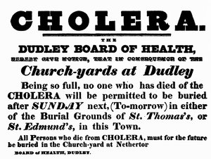 Plakát Dudley Board of Health oznamující postup pohřbu lidí, kteří zemřeli na choleru, kolem 40. let 19. století