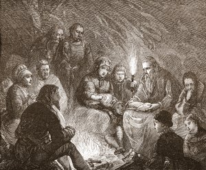 Holandští protestanti v úkrytu, ilustrace z Historie protestantismu od Jamese Aitkena Wylie (1808-1890), hospoda. 1878 od English School