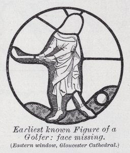 Nejstarší známá postava golfisty, obličej chybí, východní okno, katedrála Gloucester (litho) od English School
