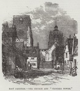 East Dereham, kostel a "Clocker Tower" (rytina) od English School