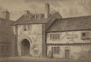 Východní pohled na bránu do opatství St Saviour, Bermondsey, kolem roku 1825 (pero, tužka a mytí na papíře) od English School