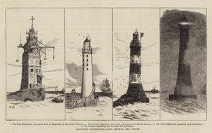 Eddystone majáky, minulost, současnost a budoucnost (rytina) od English School