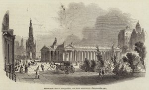 Edinburgh, Royal Institution a Scott Monument (rytina) od English School