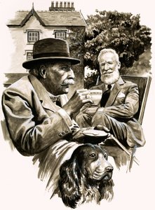 Edward Elgar a George Bernard Shaw pijí čaj od English School