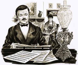 Edward Elgar při práci ve svém obývacím pokoji od English School