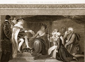 Edward VI udělování Charty pro nemocnice, ilustrace od Davida Humese Historie Anglie, pub. od R. Bowyera, Londýn, 1812 88: od English School