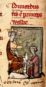 Edward z Caernarvonu [Edward II] vytvořil prince z Walesu a hraběte z Chesteru jeho otcem, králem Edwardem I., v parlamentu v Lincolnu, ilustrace z 