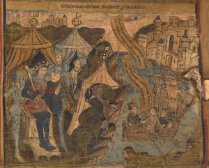 Edward z Yorku spolu s hrabaty ze Salisbury a Warwickem vypluli do Calais po bitvě u Ludford Bridge. Král Jindřich VI. triumfálně přihlíží, ilustrace z „Typologického života a genealogie Edwarda IV.“, kolem 1460-70 (vellum) od English School