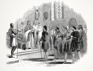 Edward První představuje velšským náčelníkům prince narozeného mezi nimi na zámku Rhuddlan od English School