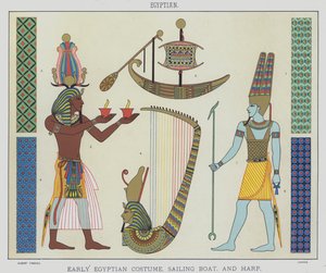 Egyptský, raně egyptský kostým, plachetnice a harfa (barevná litho) od English School