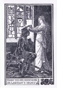 Elaine spojuje rukáv kolem helmy sira Lancelota, ilustrace z „Kniha romantiky“ vydaná společností Longmans Green and Co od English School