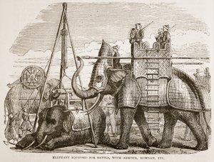 Slon vybavený pro bitvu, s brněním, howdah atd., ilustrace z Cassells Illustrated History of India od Jamese Granta, hospoda. 1879 od English School