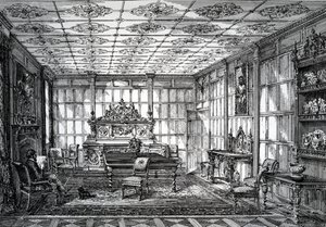 Elizabethan Dining Room, publikovaná v The House-Furnisher & Decorator, 1. října 1872 od English School