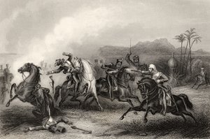 Setkání mezi Lieutenant Hills a skupinou Sepoy Cavalry, z „Historie indické vzpoury“, vydané v roce 1858 od English School
