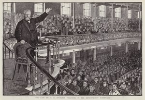 Anglický konkrétní baptistický kazatel Charles Haddon Spurgeon káže v Metropolitan Tabernacle v Londýně (litho) od English School