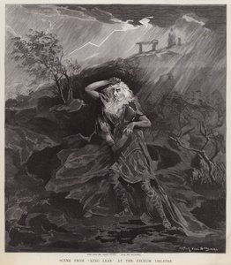 Angličtí herci Henry Irving a William Haviland v inscenaci Shakespearova Krále Leara v divadle Lyceum v Londýně od English School