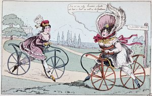Anglická karikatura o hobby koních v roce 1819 (první kola) - v „“Teoretické a praktické cyklistice““ od Baudryho de Saulniera od English School