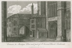 Vchod do Montague Close a část kostela St Saviours, Southwark, Surrey od English School
