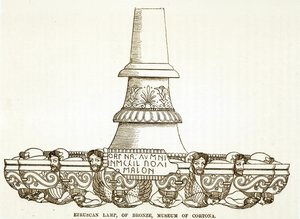 Etruská bronzová lampa v muzeu Cortona (rytina) (černobílá fotografie) od English School