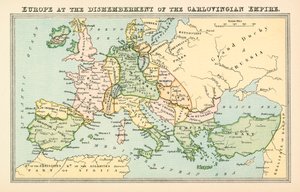 Evropa v době rozpadu karlovské říše (barevná litografie) od English School