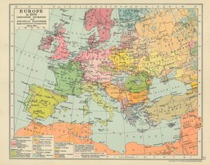 Evropa v roce 1928 Jazykové rozdělení a politické hranice (barevná litografie) od English School