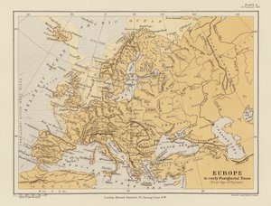 Evropa v raném postglaciálu (barevná litografie) od English School
