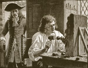 Evelyn discovering Grinling Gibbons, ilustrace z Cassells Illustrated History of England (sépiová fotografie) od English School