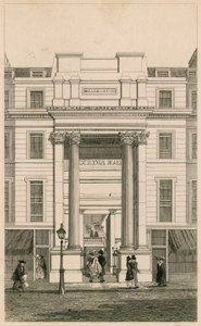 Exeter Hall, Strand, Londýn; z Gentlemans Magazine; důkaz od English School