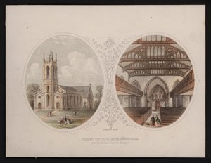 Vnější a vnitřní pohledy na Christ Church, Harrogate, Yorkshire (barevná rytina) od English School