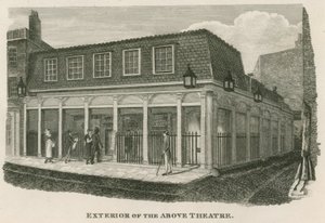 Exteriér Royal Olympic Theatre, Wych Street, poblíž Drury Lane, Londýn od English School