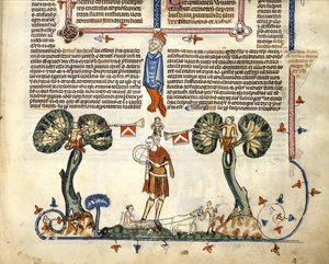 F.94 Muž hrající na Fife and Drum, ze Smithfield Decretals, kolem 1340 (vellum) od English School